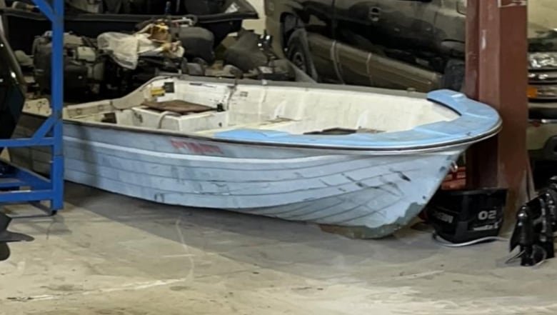 This is the blue boat recovered near the bodies of members of a Romanian family who drowned while crossing the St. Lawrence River on a smuggling run in March 2023. Authorities believe this boat was piloted by Casey Oakes on the fatefult voyage.