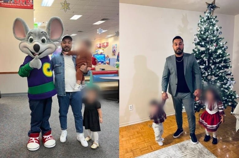 Two pictures, both of a man pictured with two children. One is at Chuck E. Cheese and the other is in a home in front of a Christmas tree.