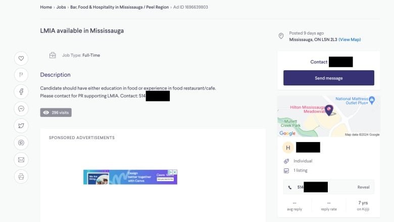 A screenshot of a Kijiji ad titled, “LMIA available in Mississauga” with the description, “Candidate should have either education in food or experience in food restaurant/cafe. Please contact for PR supporting LMIA.”