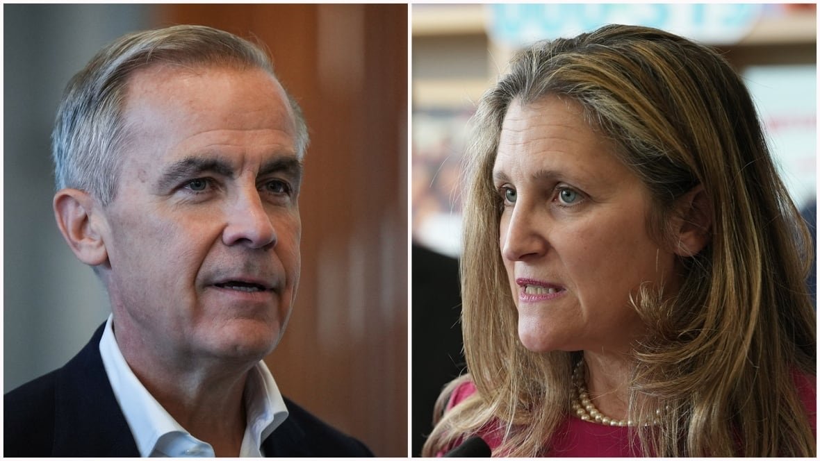 Headshots of Mark Carney and Chrystia Freeland.