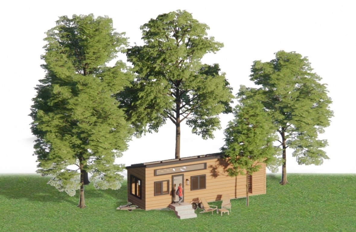 An illustration shows a small wooden house, one-level and thin and rectangular, among trees.