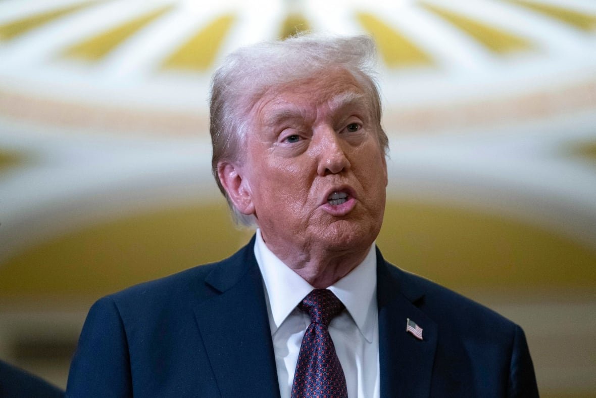 President-elect Donald Trump talks to reporters after a meeting with Republican leadership at the Capitol on Wednesday, Jan. 8, 2025, in Washington. (AP Photo/Jose Luis Magana)