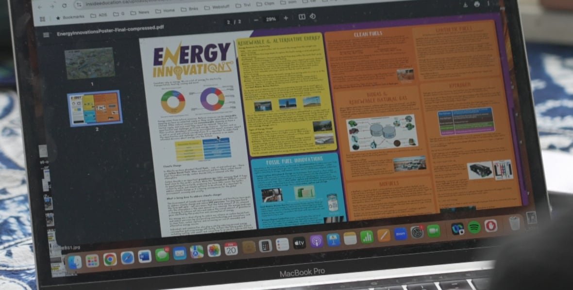 Brightly coloured boxes with information listed under the title 'Energy Innovations' is shown on a laptop computer.