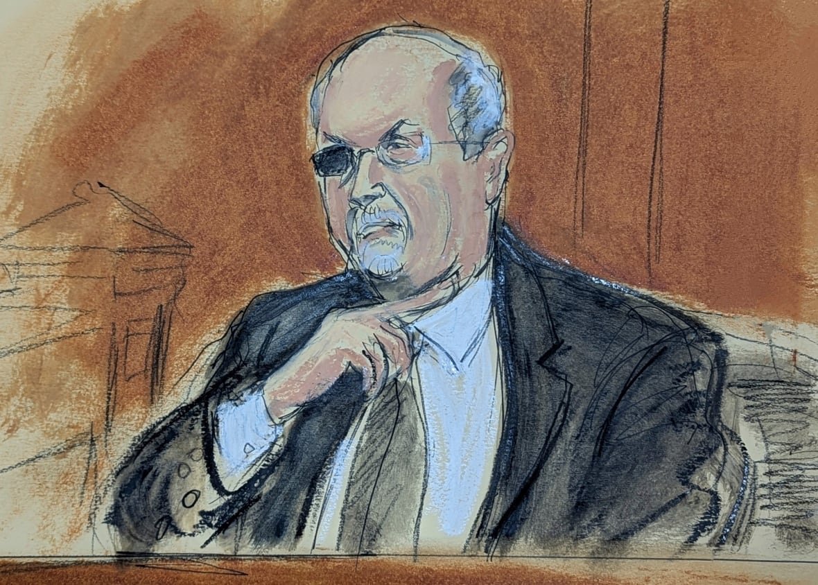 In this courtroom sketch, Salman Rushdie testifies on the witness stand.