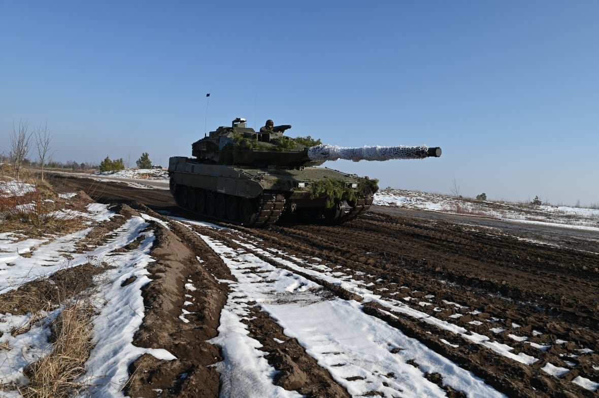 A Leopard 2A4 tank, part of NATO's deterrence force in Latvia, on a recent exercise at the Adazi training range, near Riga.