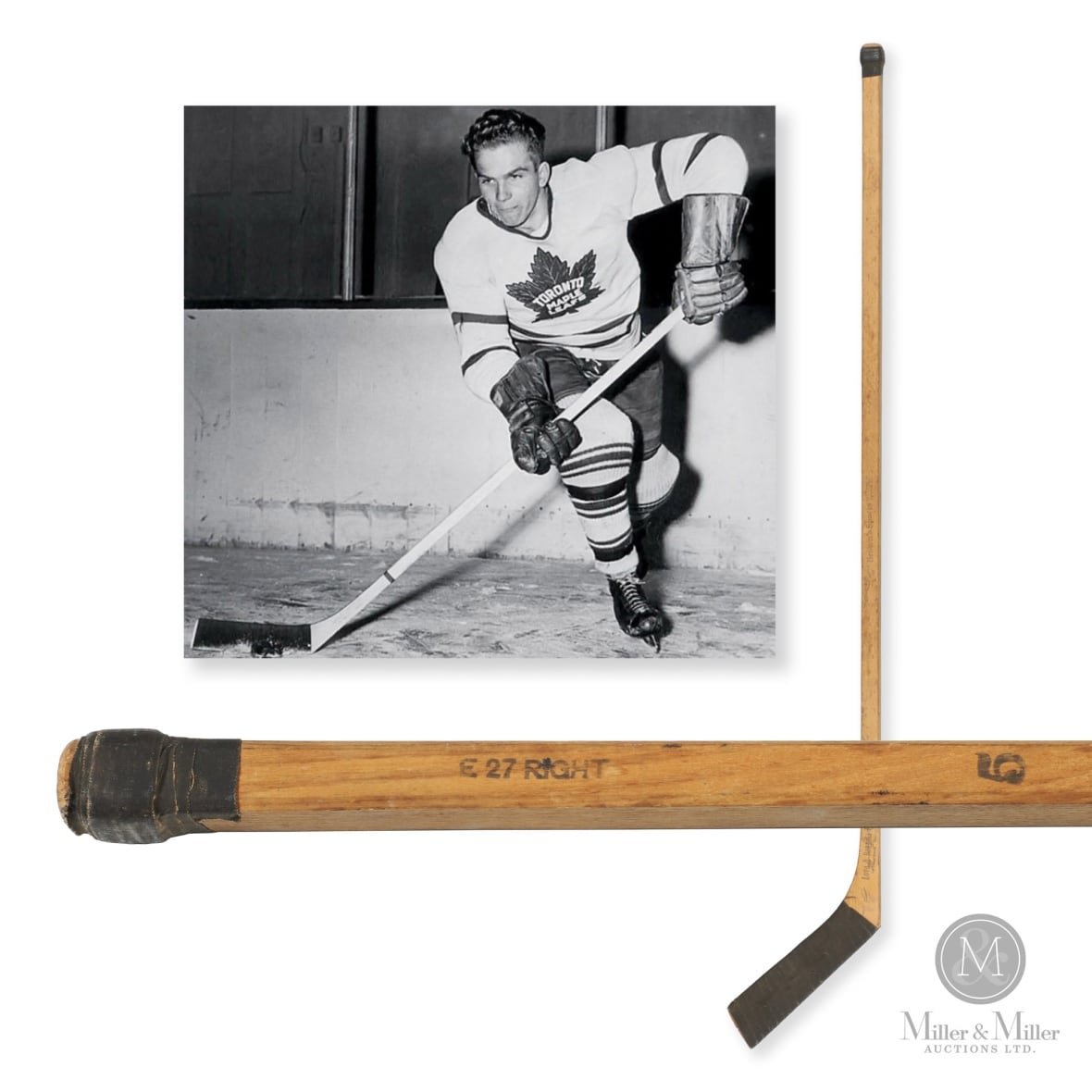 auction-photo-of-stick Composite photo of a black and white photo of a man playing hockey, the full stick to one side and a close-up of the handle with says "E 27 right" and has the number "5".