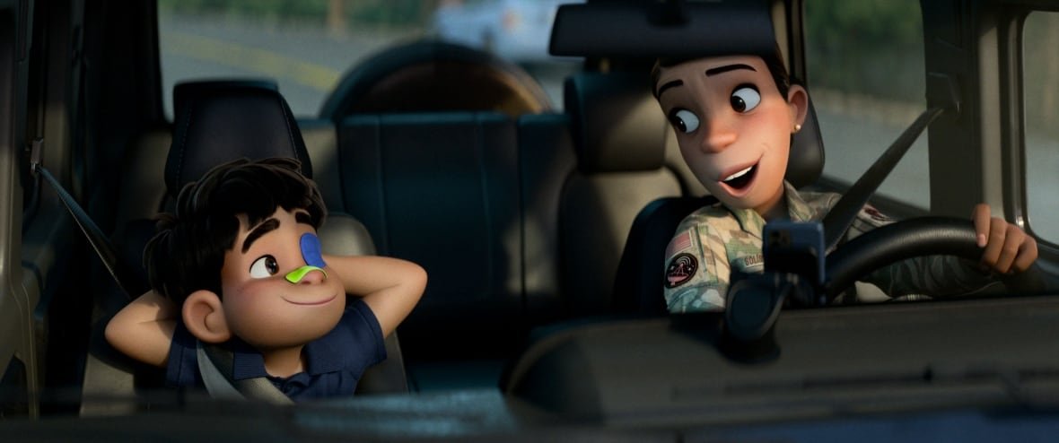 elio-2 An animated image is shown. In it, smiling boy sits next to a smiling woman in a car.