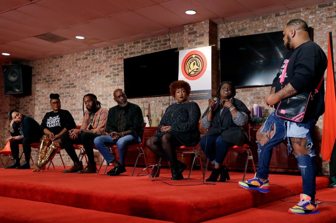 human-rights-campaign-strapped-a-play A man leads a panel discussion with audience members on their sexual views and experiences after a performance of the play "sTrapped."