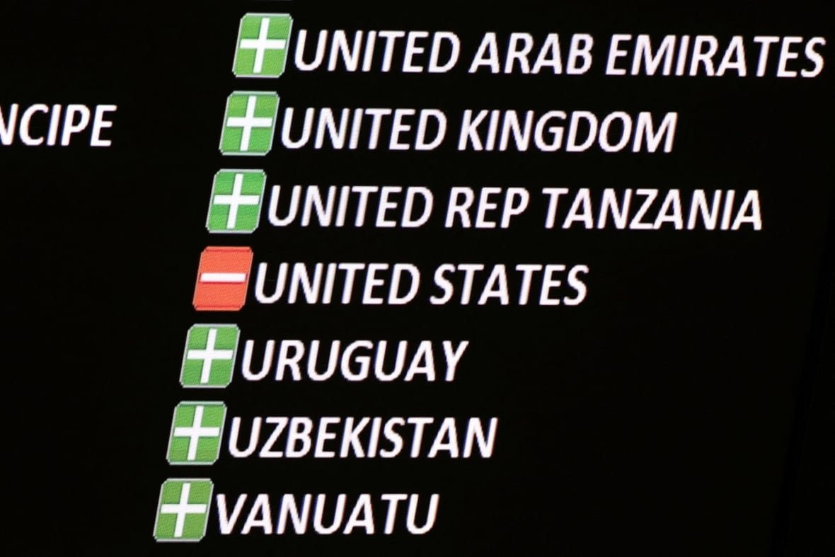 israel-palestinians-un-1 A screen shows a list of countries with green plus signs except for a red minus sign beside the United States.