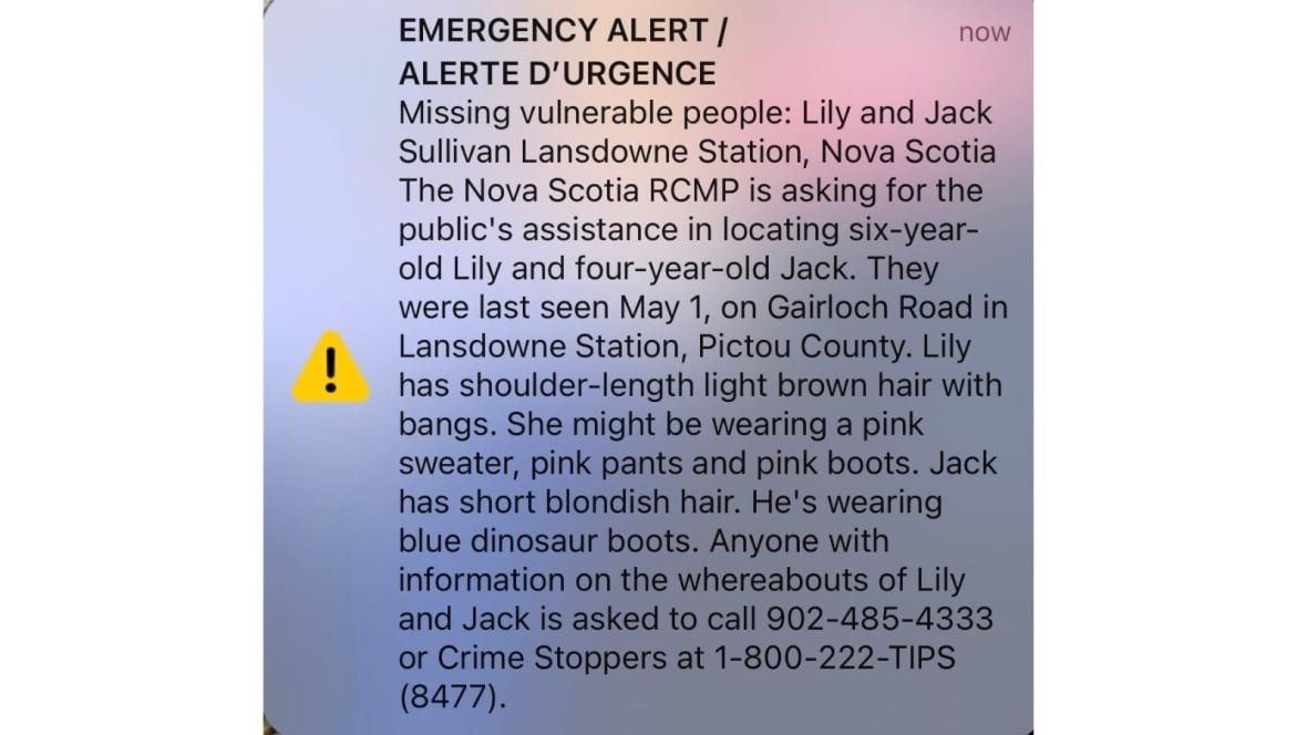 vulnerable-person-alert-lilly-jack-sullivan A screengrab of a text alert on a cell phone that says the RCMP are asking for the public's assistance in finding Lilly and Jack Sullivan, and a description of the children.