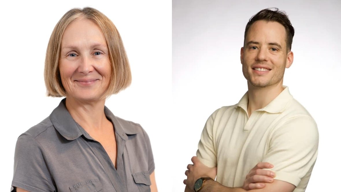 alex-and-sam A photo composite of a woman with a blonde bob on the left and a man with crossed arms on the right.