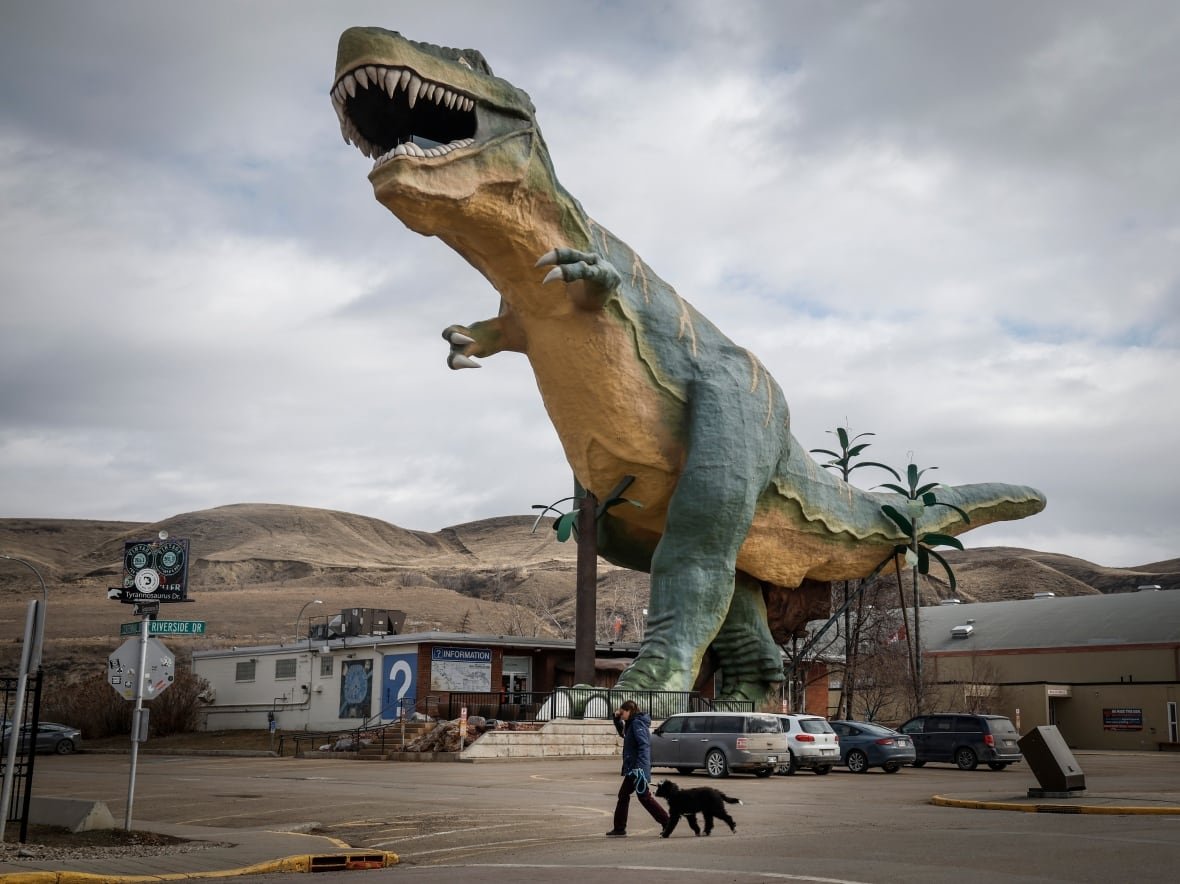 alta-drumheller-dinosaur-20250406-1 Tyra the Tyrannosaurus, the lovable landmark that towers over the Drumheller skyline in the heart of the Canadian Badlands, is facing an extinction-level event and is pictured in Drumheller, Alta., Tuesday, April 1, 2025.