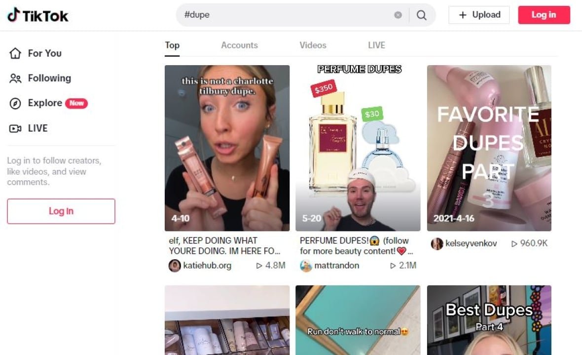 dupes-example-tiktok The results of a search for the word #dupe on TikTok. The screen shows several videos featuring products
