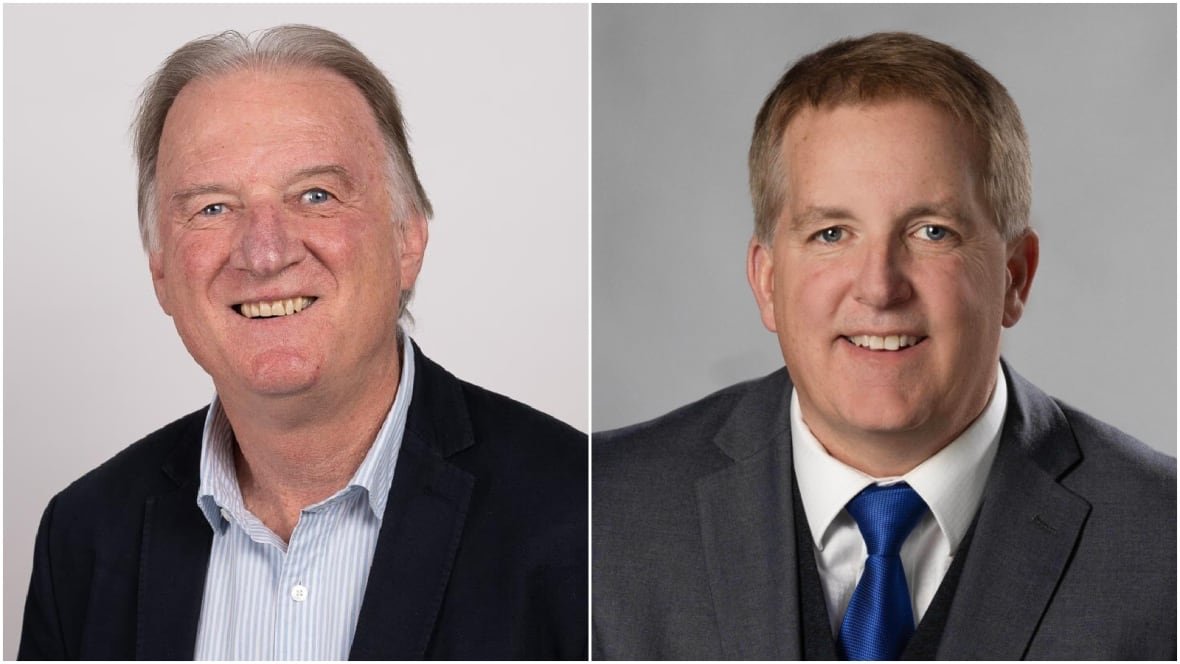 eddie-bartnik-and-scott-armstrong A composite portrait image of two smiling men: at left an older man in a dark blazer with blue and white striped shirt, at right a man in a dark suit and royal blue tie.