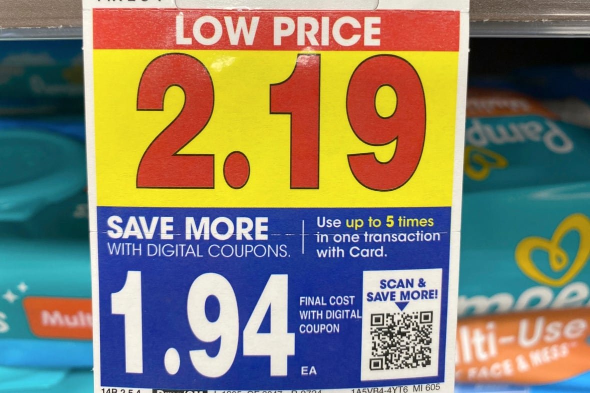 A coupon that  says low price, 2.19. And then says save more with digital coupons, and has QR code.