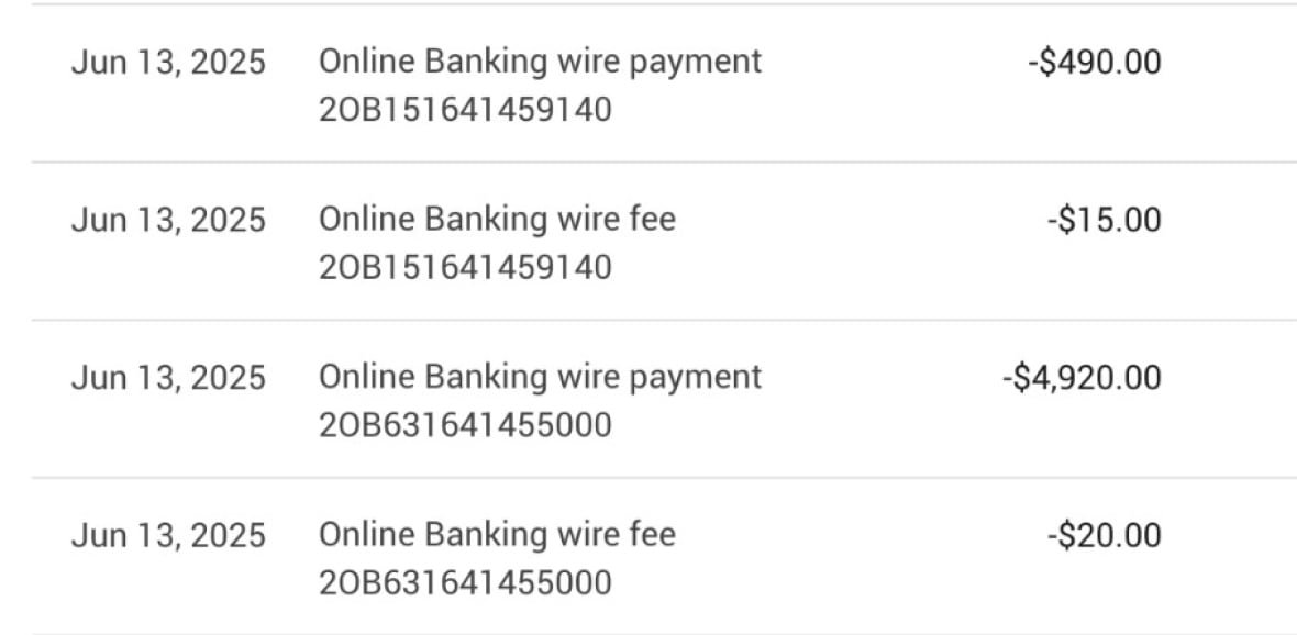 melissa-plett-wire-transfers-bank-investigator-scam Melissa Plett's banking records showing the two wire transfers