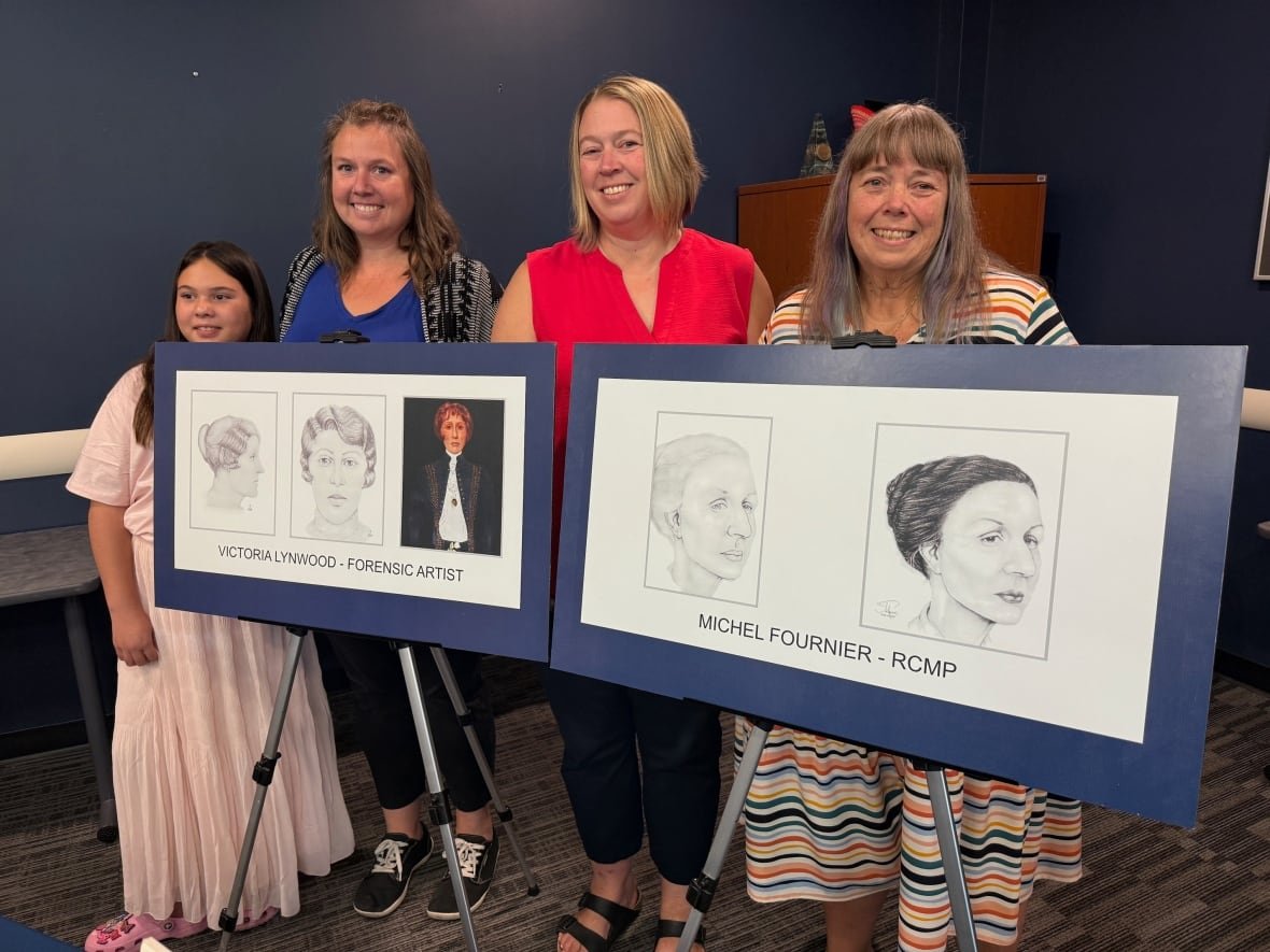 woman-well-family Three women and a girl pose for a photo while standing behind two police sketched on easels.