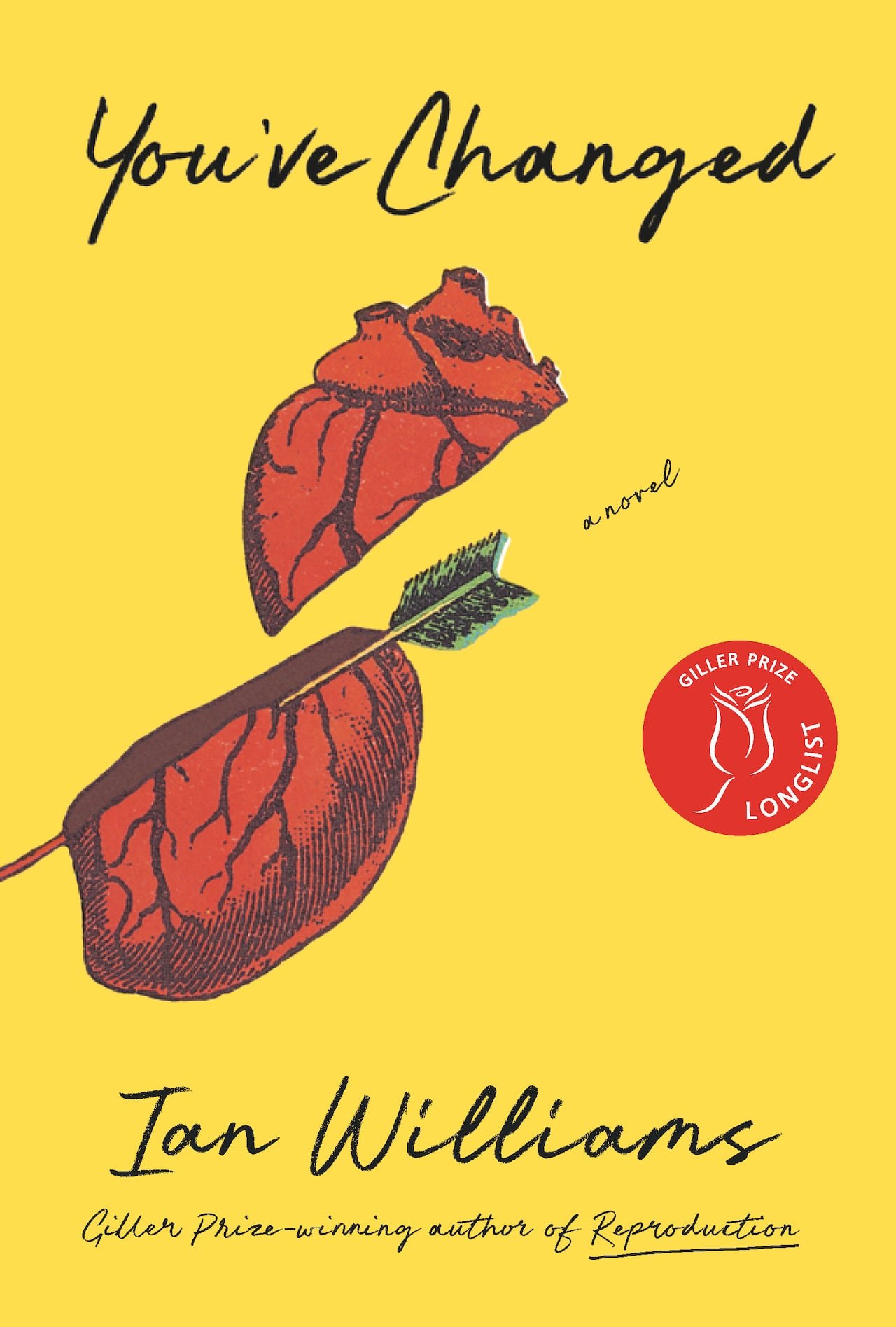 A book cover with an arrow that has struck a heart in half, and man wearing a blue turtle neck sweater.