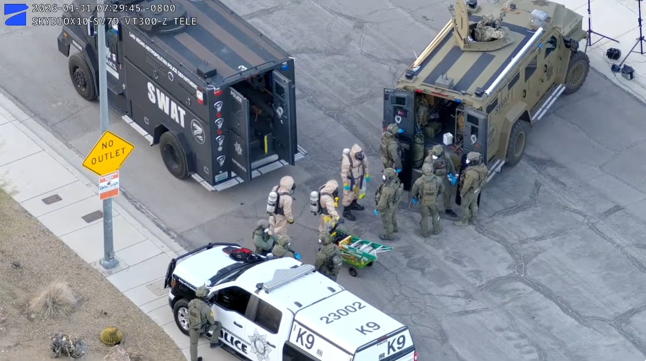 Drone footage from Las Vegas Metropolitain Police shows significant police presence at the site on Sugar Springs Drive in northeast Las Vegas.