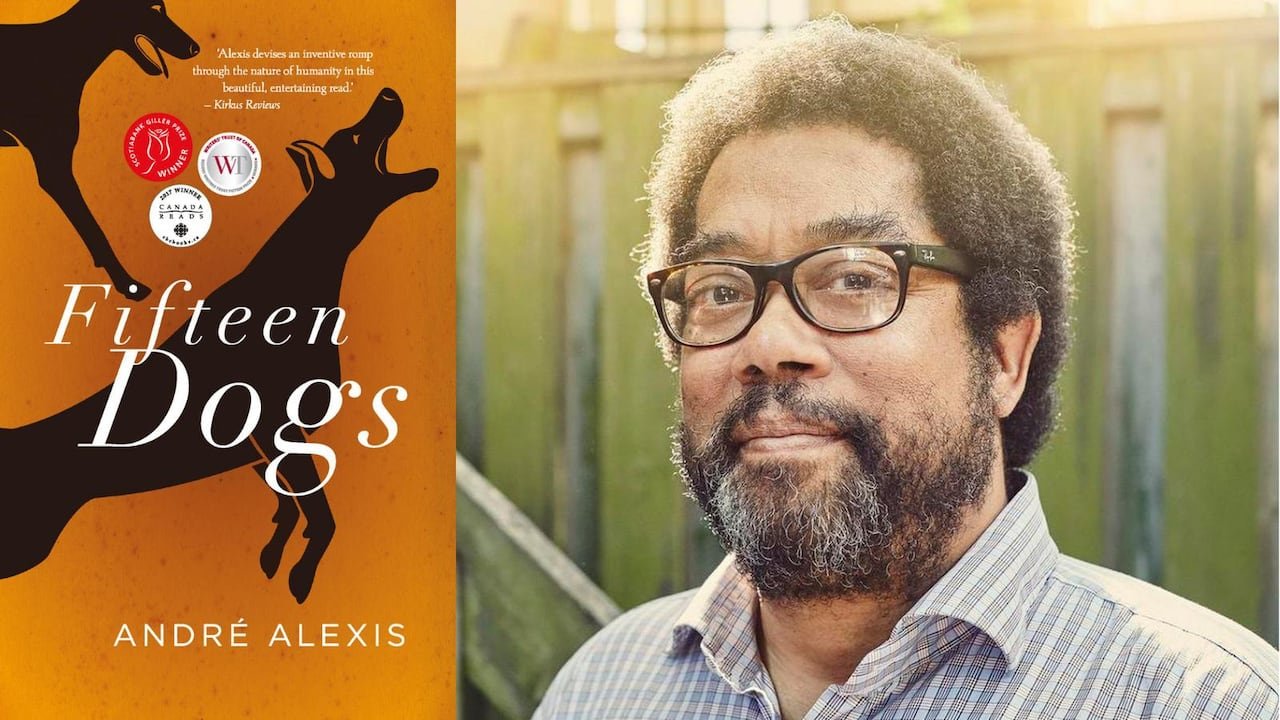 A composite image of a book cover showing a dog and on the right is a man wearing glasses.
