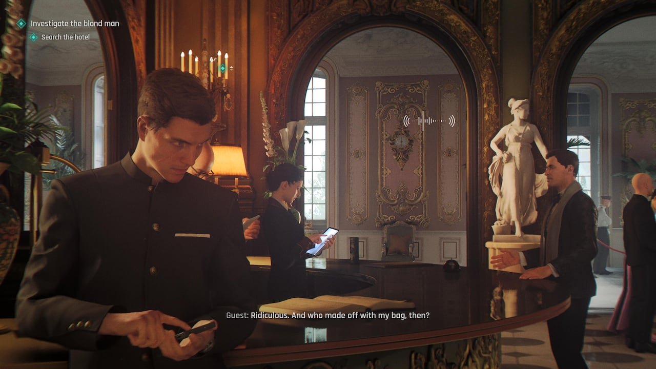 default-70 Screenshot of a man using his phone to eavesdrop on a conversation at a hotel reception desk in the video game.
