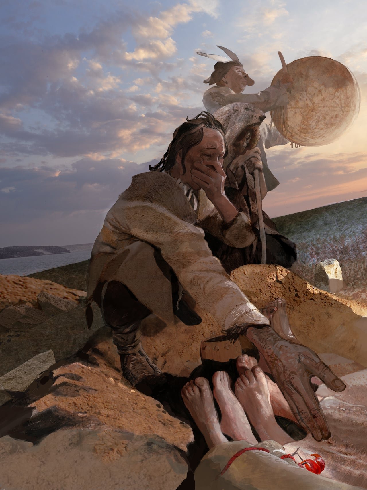 Illustration of Baikal hunter-gatherers burying plague victims 5,500 years ago